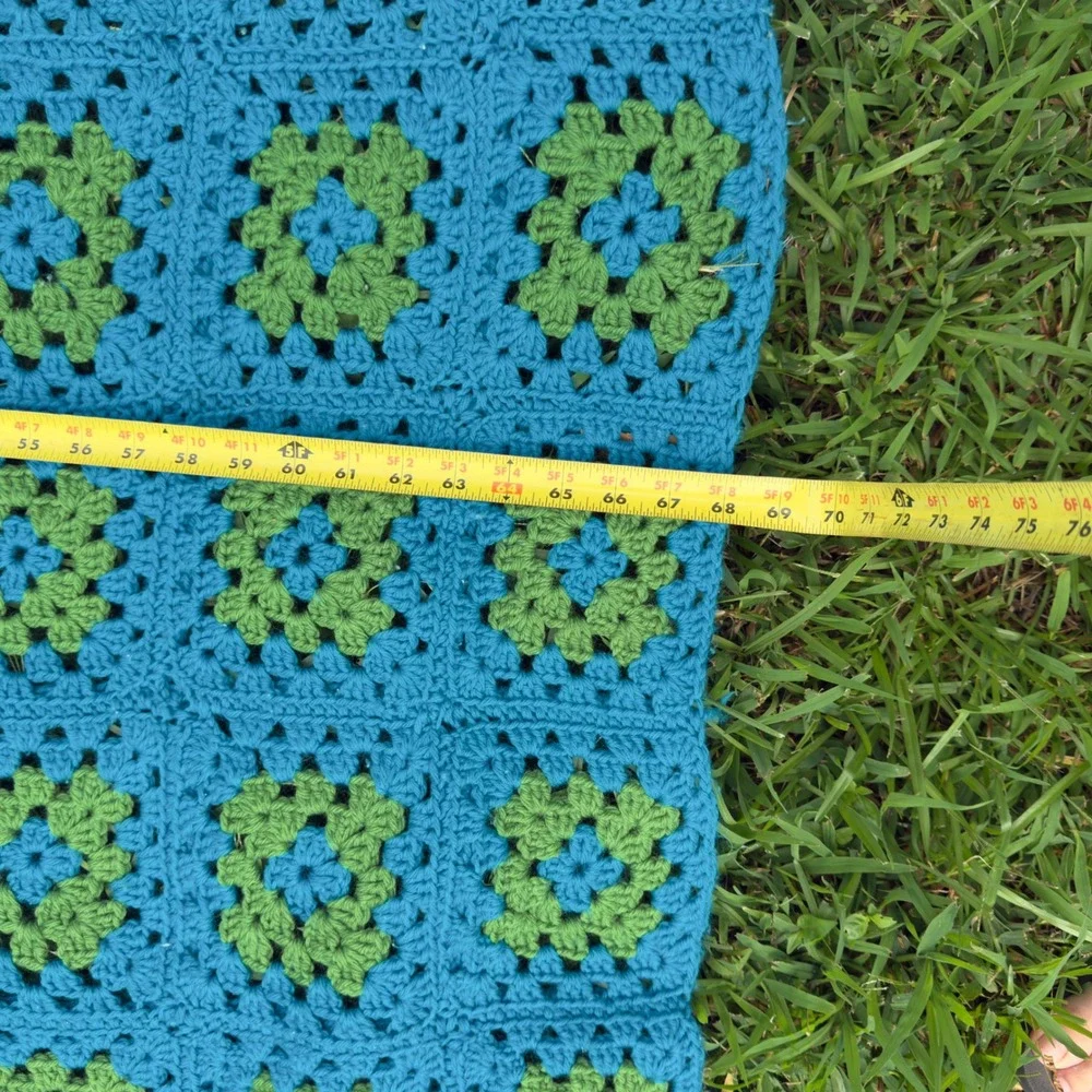 Vintage Handmade Crochet Granny Square Blanket Teal Blue Lime Green Throw 108x68